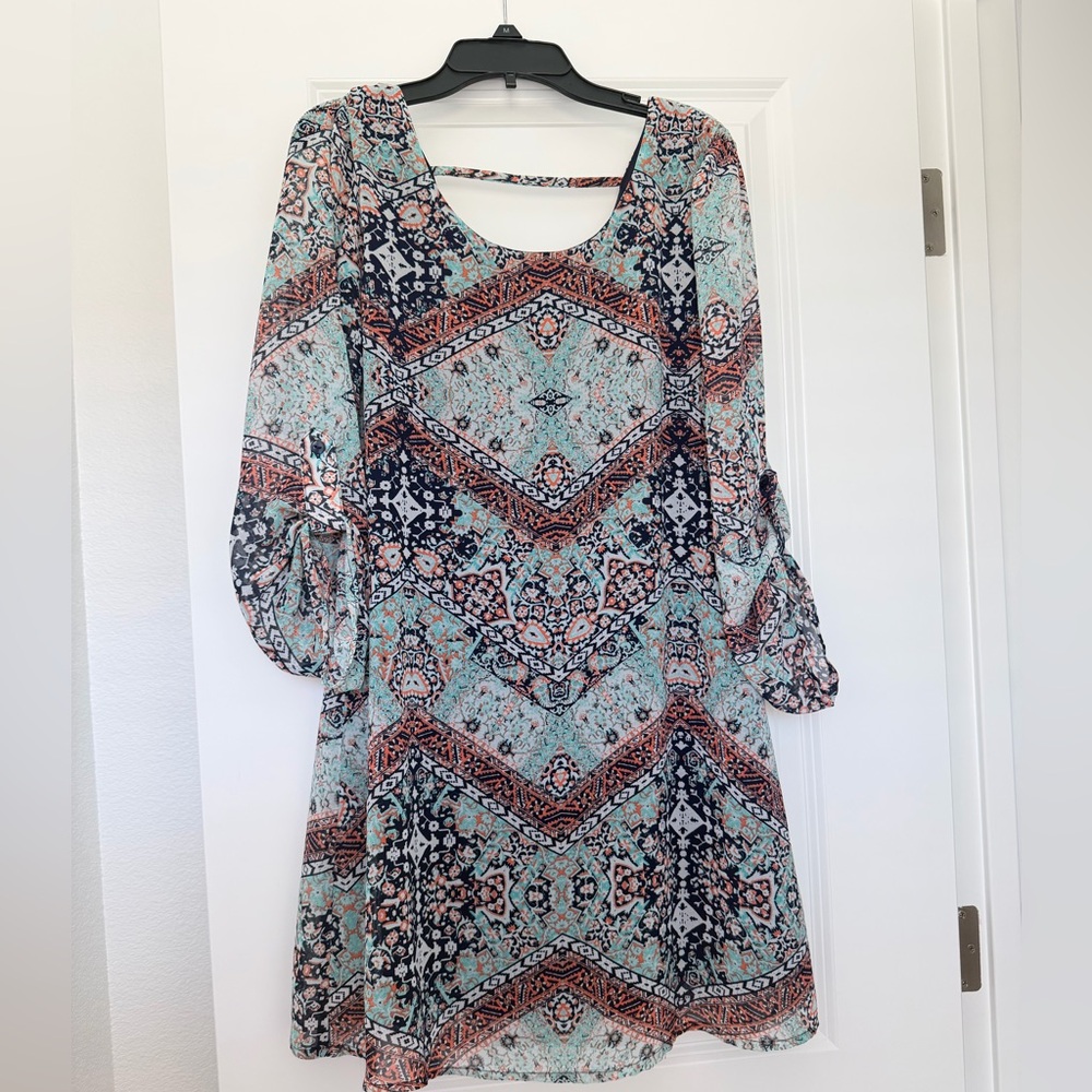 Speechless Mint and Coral Long-Sleeve Boho Dress
